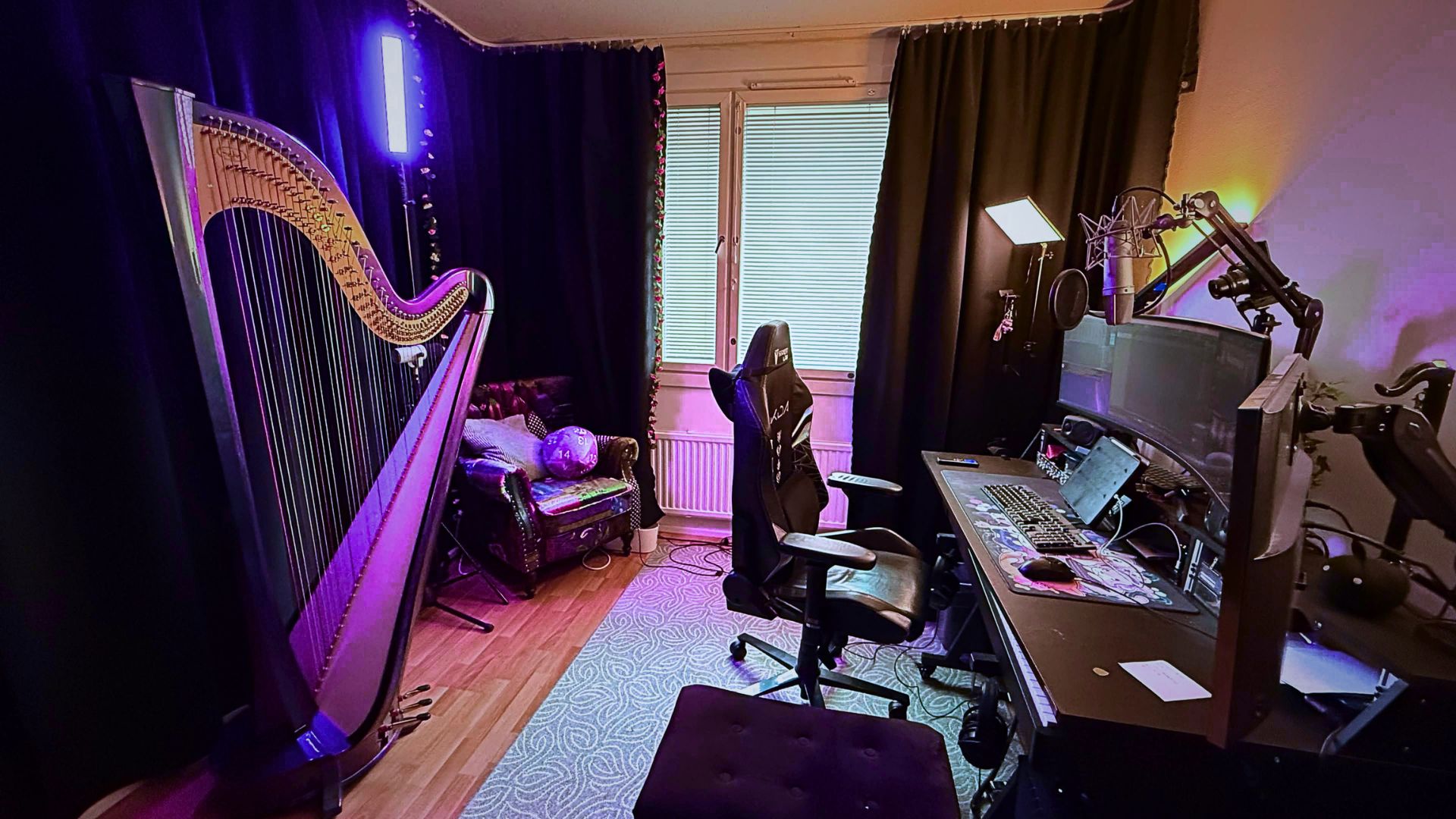 Elvann playing her pedal harp in a dark studio