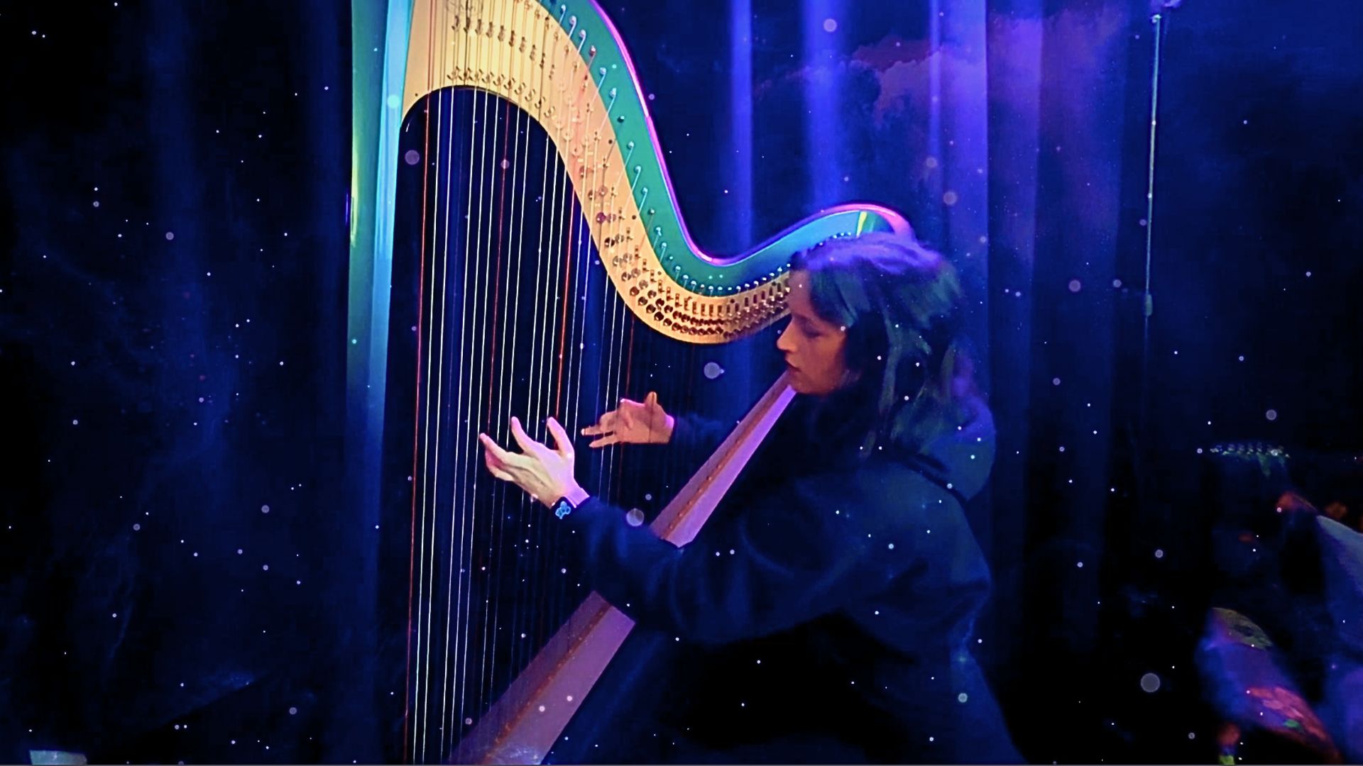 Elvann playing her pedal harp in a dark studio